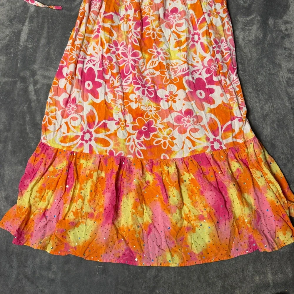 Justice Girls Size 14 Floral Tie Dye Maxi Dress Pink Orange Sequin Ruffle